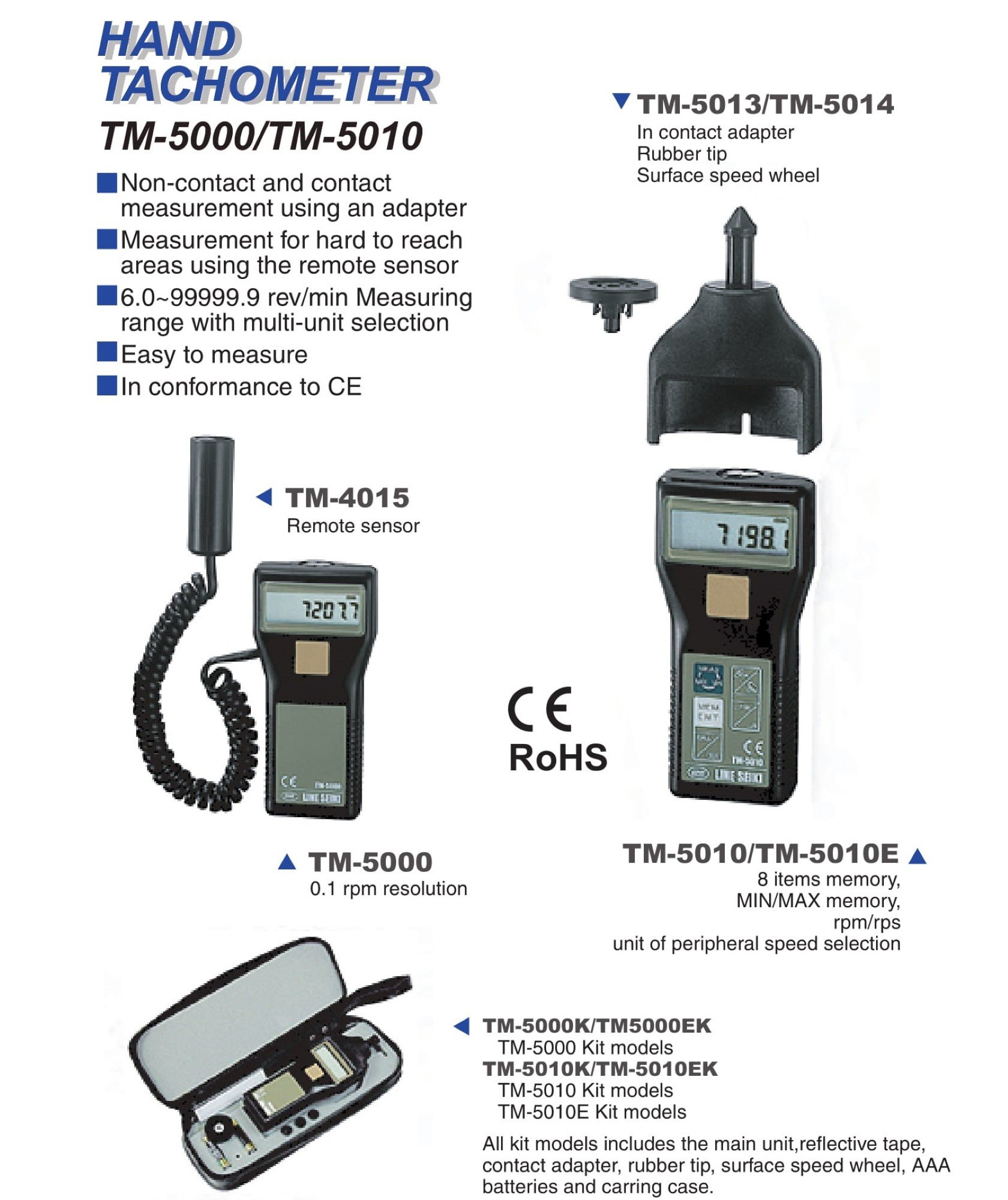 LINE SEIKI莱茵TM-5000手动便携转速表光电反射感测与接触式机械传动